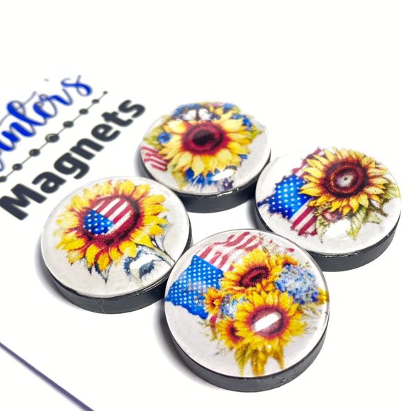 Set of 4 Magnets - Patriotic Sunflowers Glass Refrigerator Kitchen Whiteboard - Picture 2 of 3